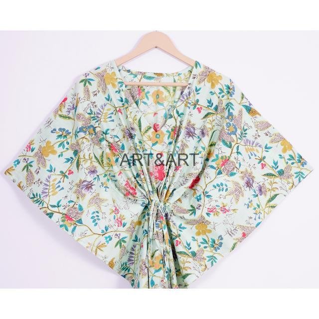Handblock Women's Cotton Printed Kaftan Comfortable Boho-Style Summer Maxi Dress Sleeves Beach Wear Nightwear Korean Influenced