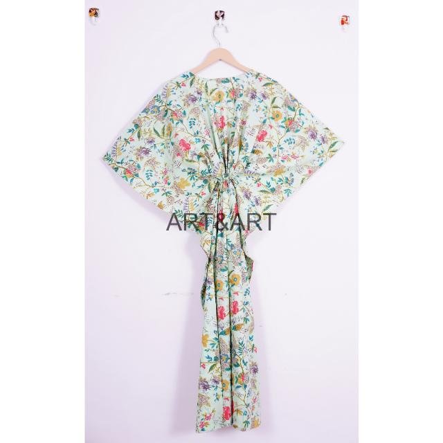 Handblock Women's Cotton Printed Kaftan Comfortable Boho-Style Summer Maxi Dress Sleeves Beach Wear Nightwear Korean Influenced