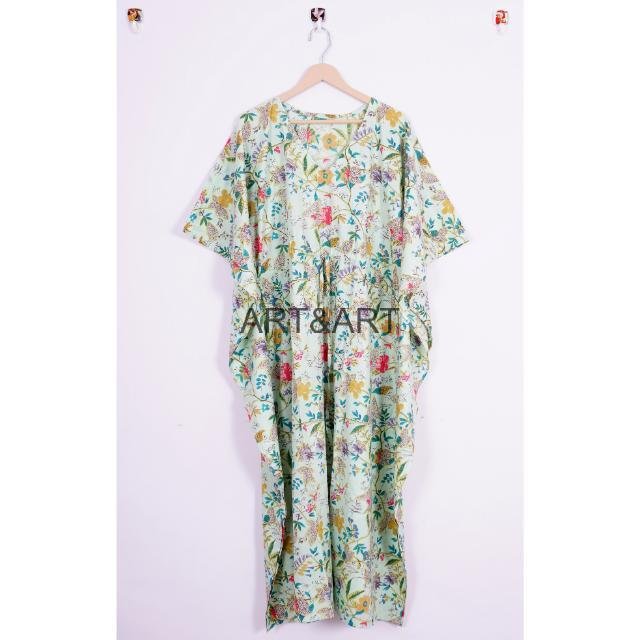 Handblock Women's Cotton Printed Kaftan Comfortable Boho-Style Summer Maxi Dress Sleeves Beach Wear Nightwear Korean Influenced
