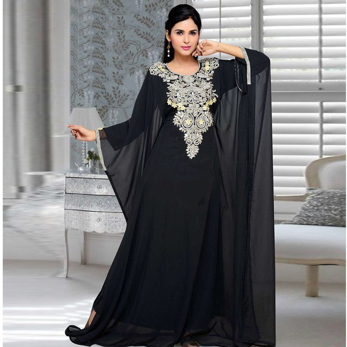 Muslim Islamic Evening Loose Robe Embroidered Party Dress Formal with Long Sleeves