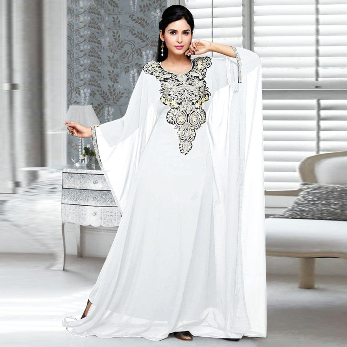 Muslim Islamic Evening Loose Robe Embroidered Party Dress Formal with Long Sleeves