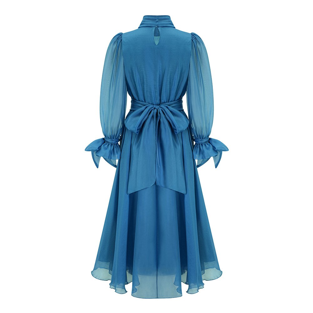 Bow crew neck long sleeves 100% Chiffon Viscose back button closure elegant solid blue candy color vintage Cocktail Party Dress