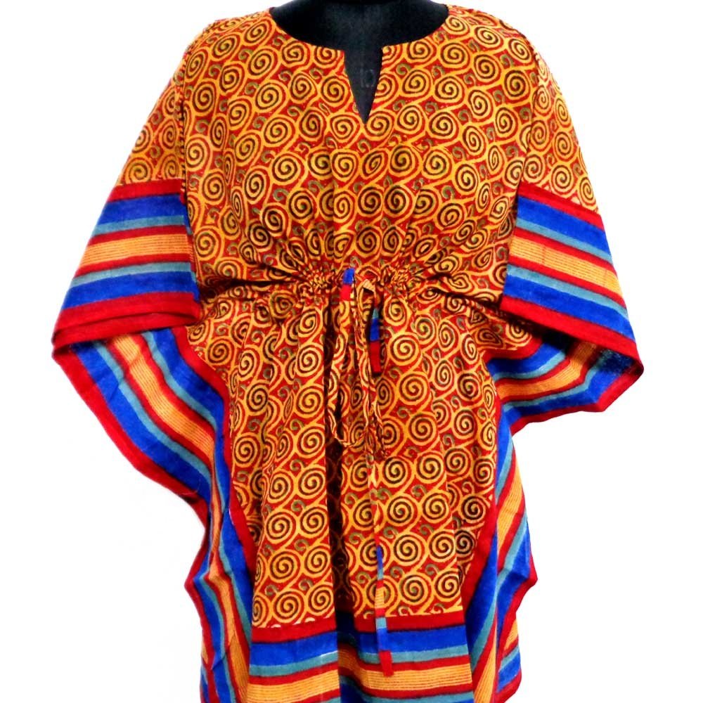 Jalebi unique beach dress free size lady string hand block printed cotton short kaftan For Sale