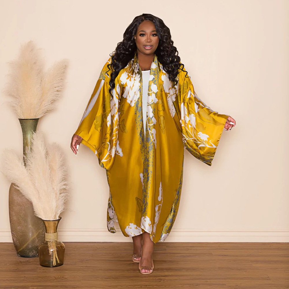 BuPao Free size women clothing fashion print satin robes long sleeve women's coat loose fitting kaftan dresses kimono ladies