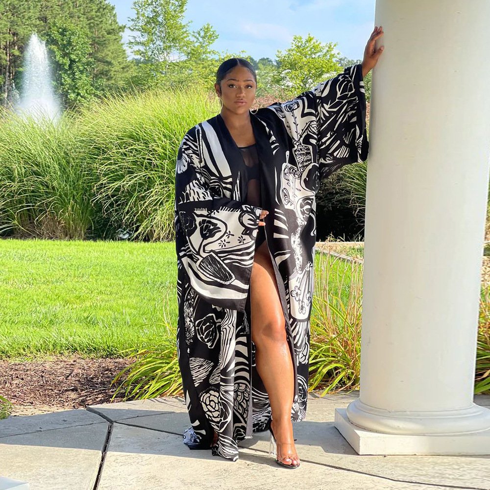 BuPao Free size women clothing fashion print satin robes long sleeve women's coat loose fitting kaftan dresses kimono ladies
