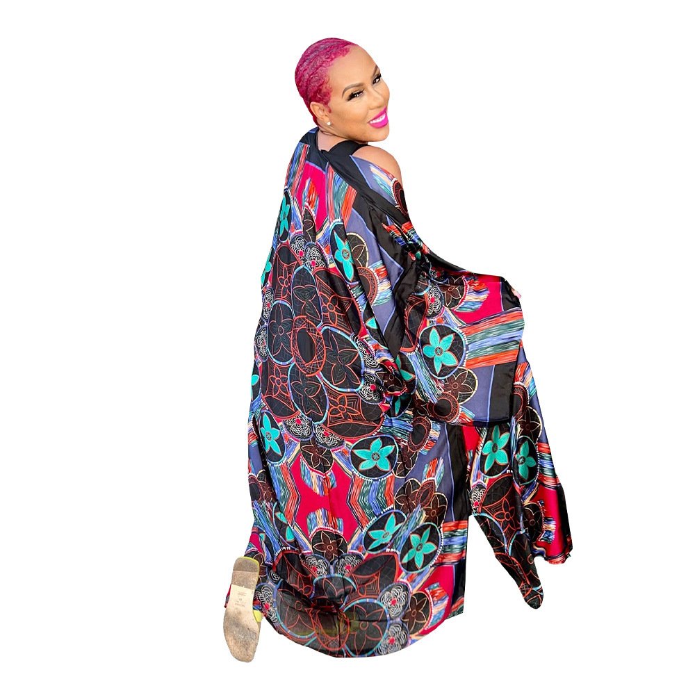 BuPao Free size women clothing fashion print satin robes long sleeve women's coat loose fitting kaftan dresses kimono ladies