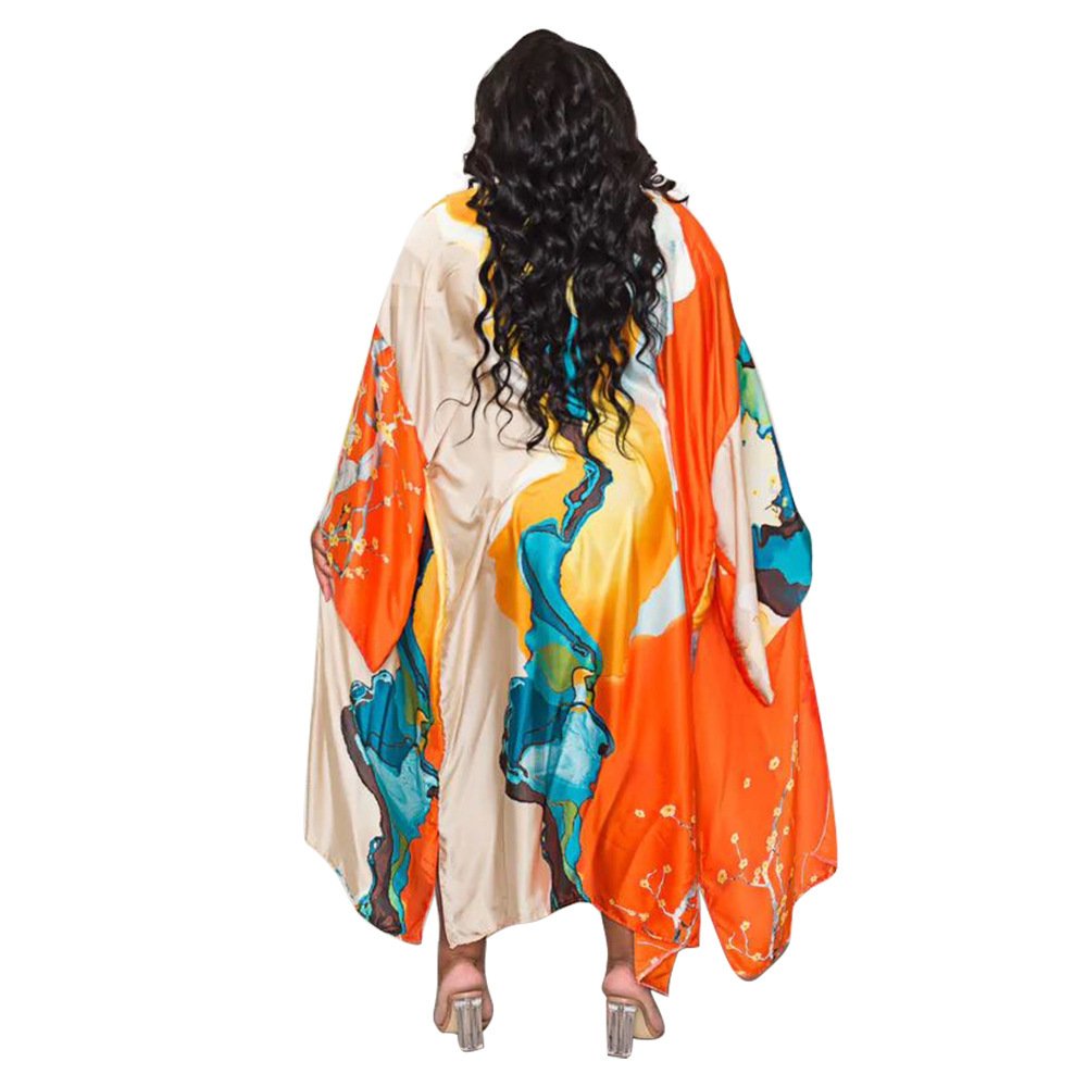 BuPao Free size women clothing fashion print satin robes long sleeve women's coat loose fitting kaftan dresses kimono ladies