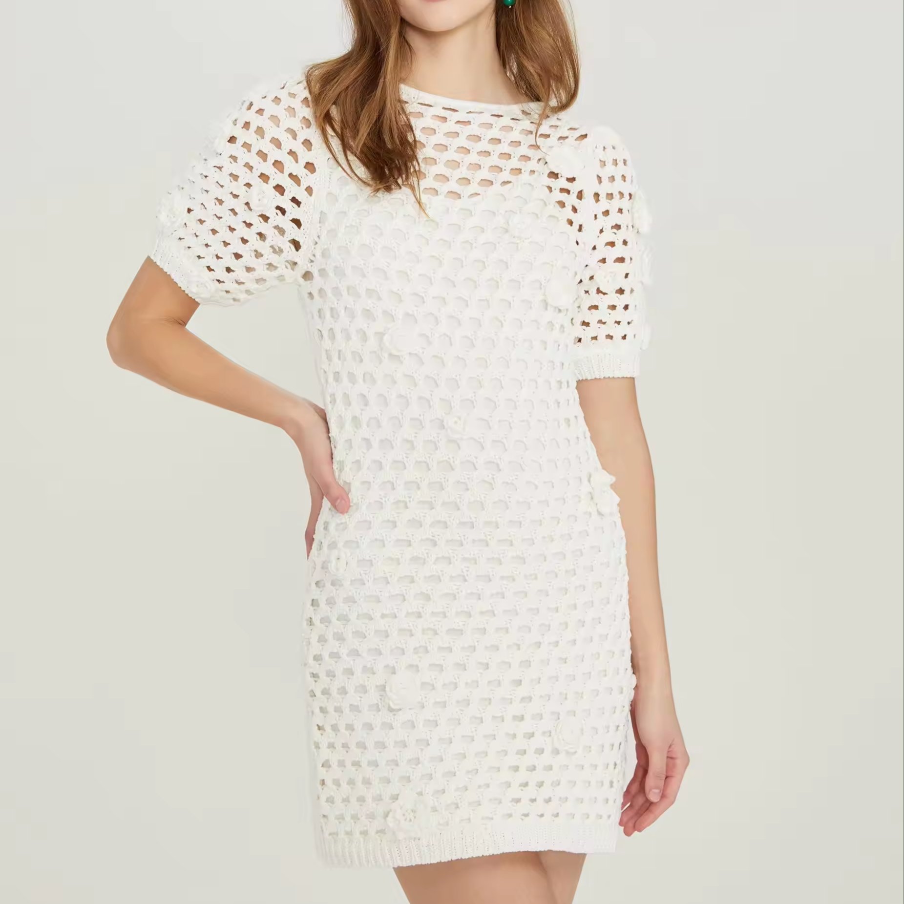 Customized Women's Fashion Casual Elegant Crochet Maxi Dress with Floral Applique Women's Sweater Dress