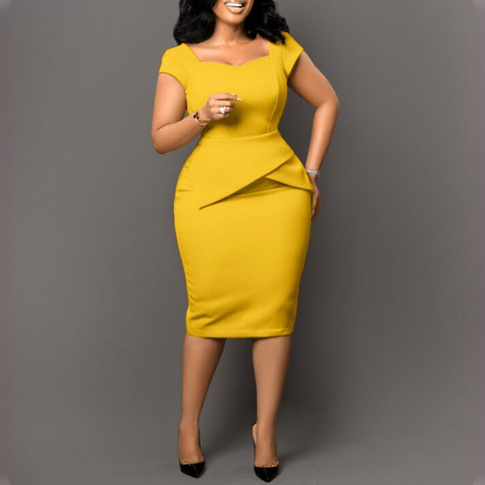 New Solid Women Formal Dress Summer Spring Midi Pencil Dress Short Sleeve Bag Hips Office Lady Dresses