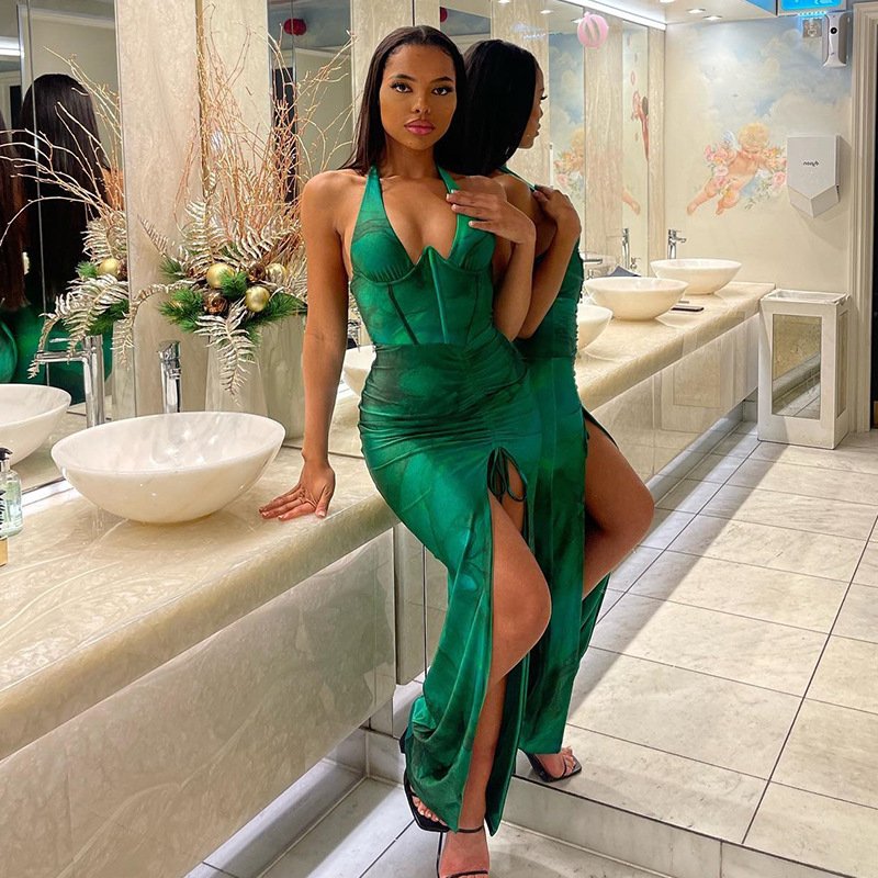 J3541 sexy sleeveless long pencil fashion printed high slit elegant dress