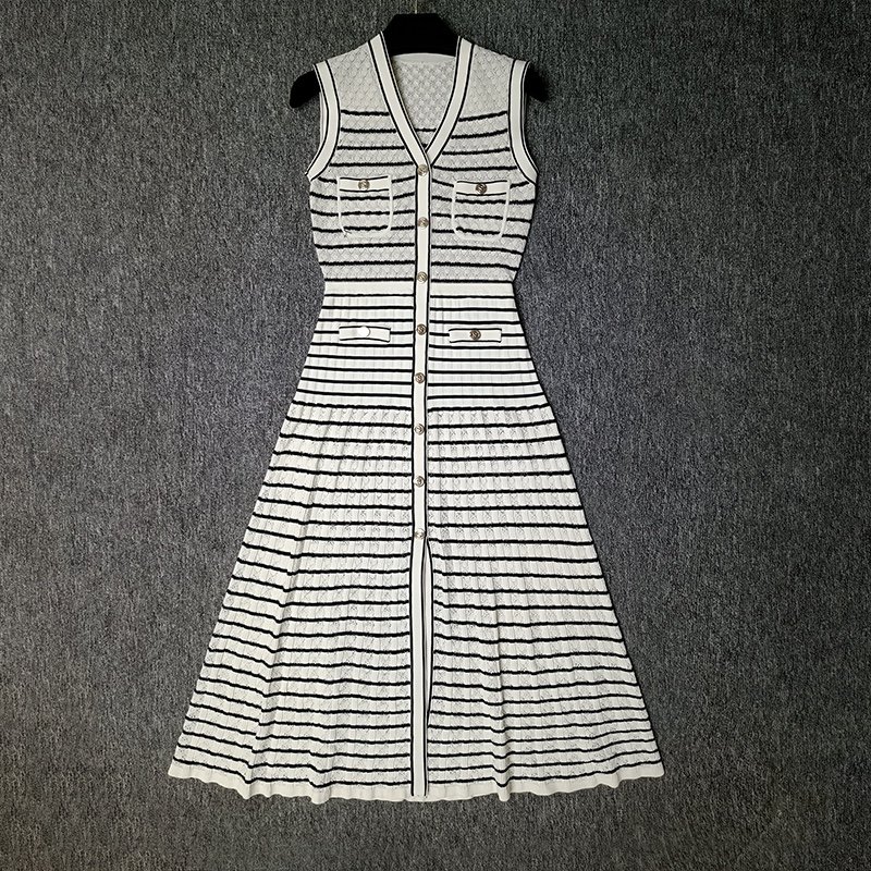 High Quality 2024 Summer New Niche Striped Single Breasted V-neck Cardigan Slim Fit Sleeveless Knitted Long Dress for Women