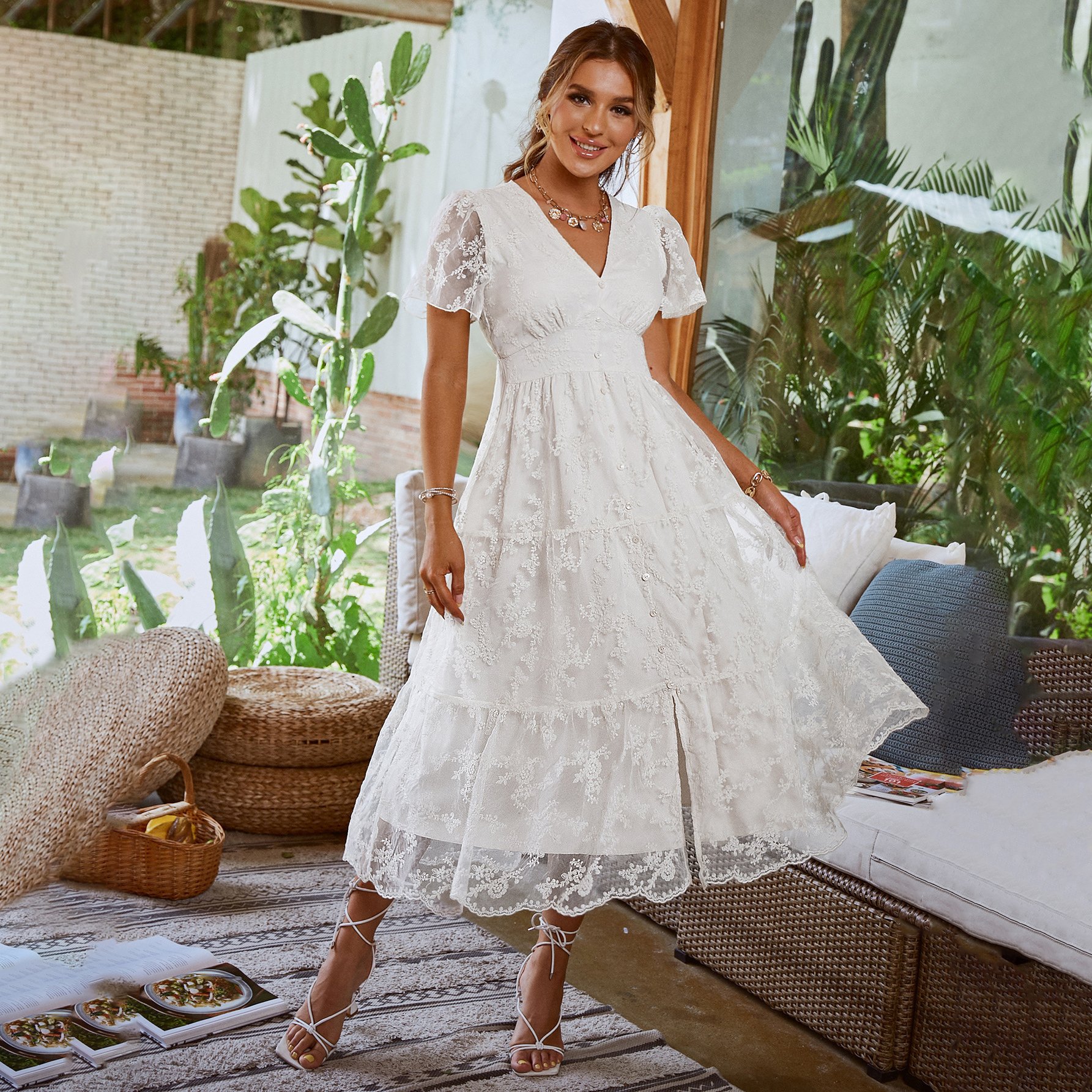 European And American Niche Gauze Sleeves High Waist Holiday Style Fashion Slim Elegant Temperament Dress