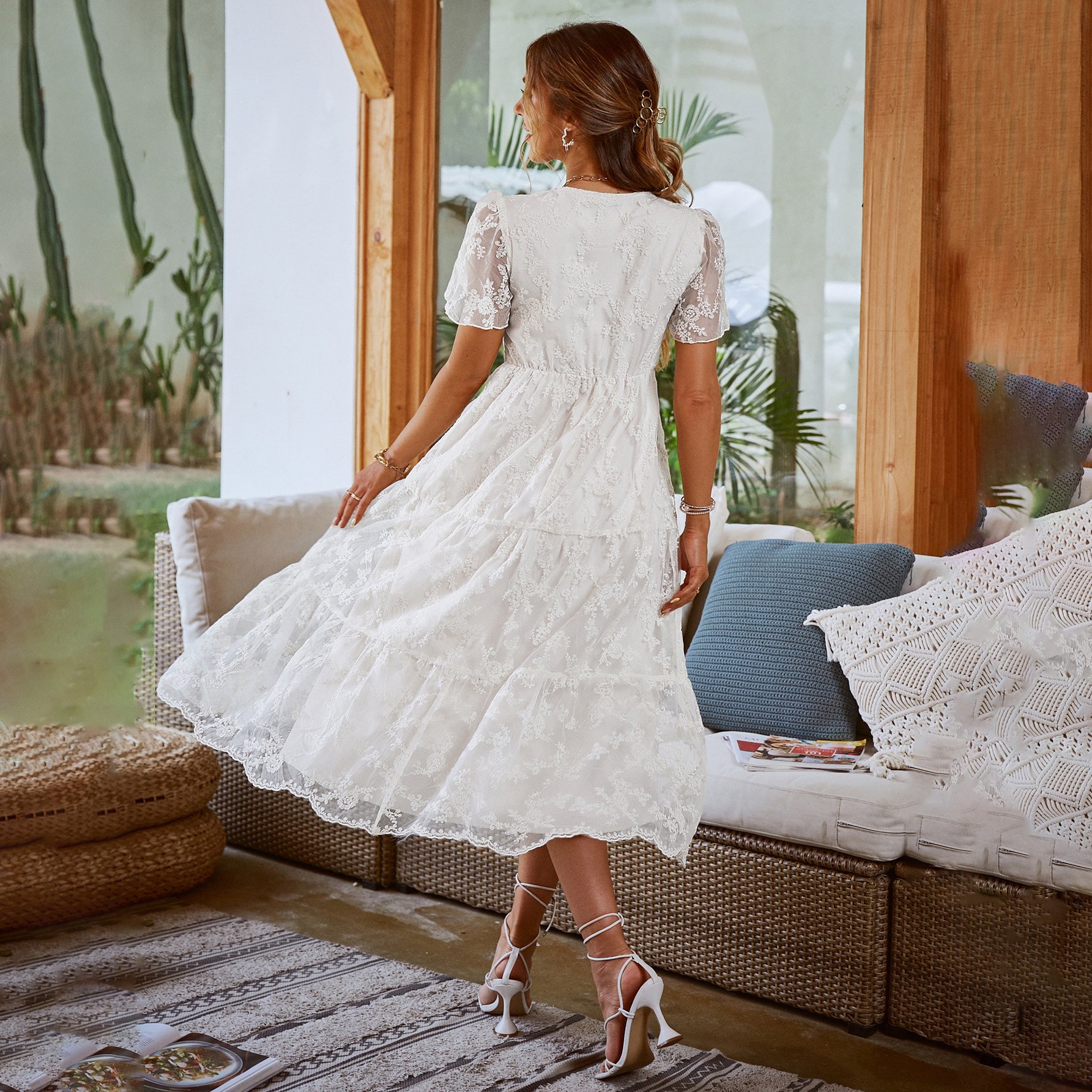 European And American Niche Gauze Sleeves High Waist Holiday Style Fashion Slim Elegant Temperament Dress