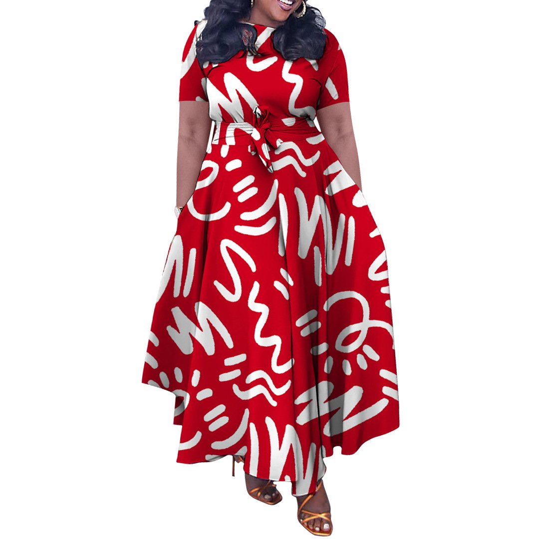 Plus Size Hot Sale New Digital Printed Dresses Women Geometric Color Matching Short Sleeve O-neck A-line Belt Casual Dress