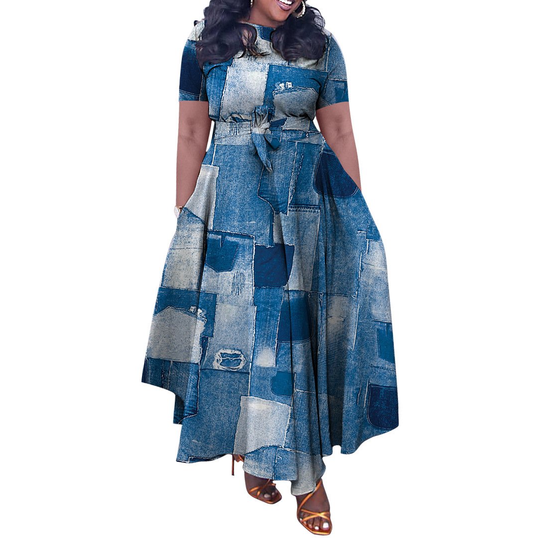 Plus Size Hot Sale New Digital Printed Dresses Women Geometric Color Matching Short Sleeve O-neck A-line Belt Casual Dress