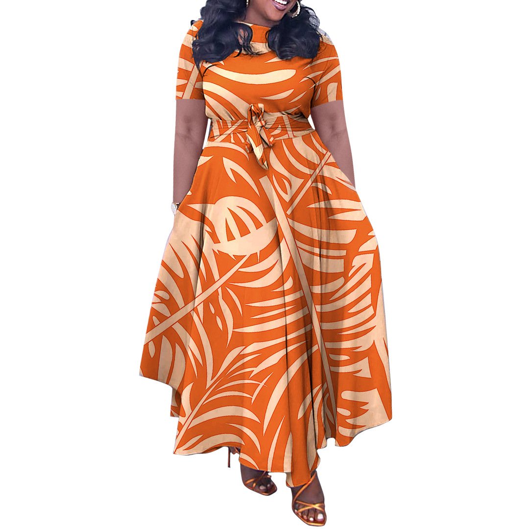Plus Size Hot Sale New Digital Printed Dresses Women Geometric Color Matching Short Sleeve O-neck A-line Belt Casual Dress