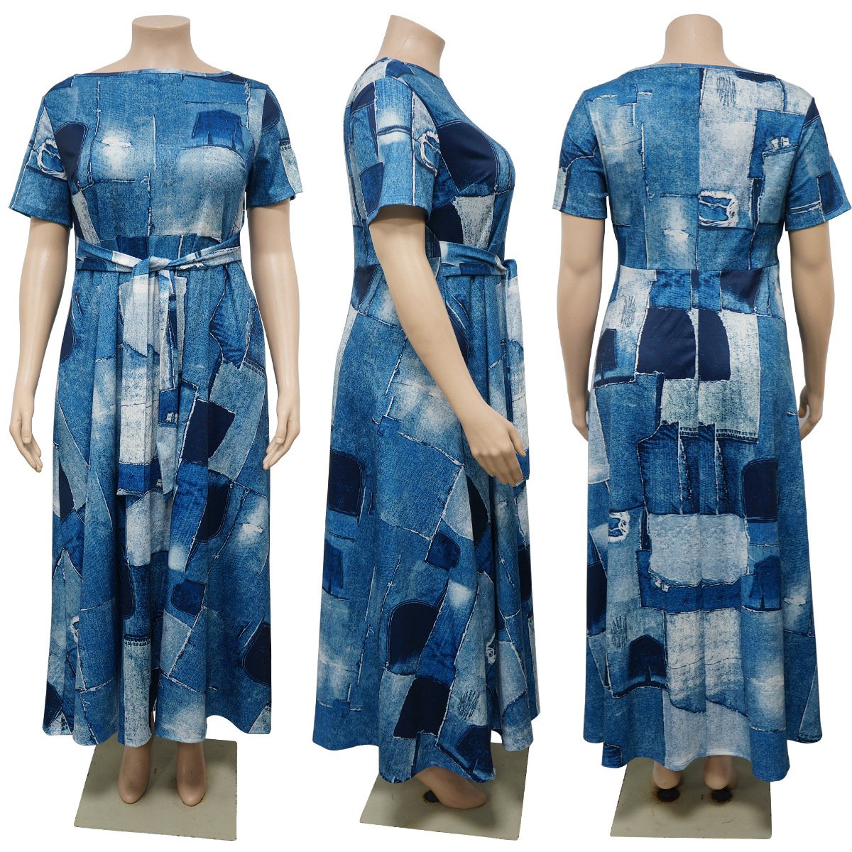 Plus Size Hot Sale New Digital Printed Dresses Women Geometric Color Matching Short Sleeve O-neck A-line Belt Casual Dress