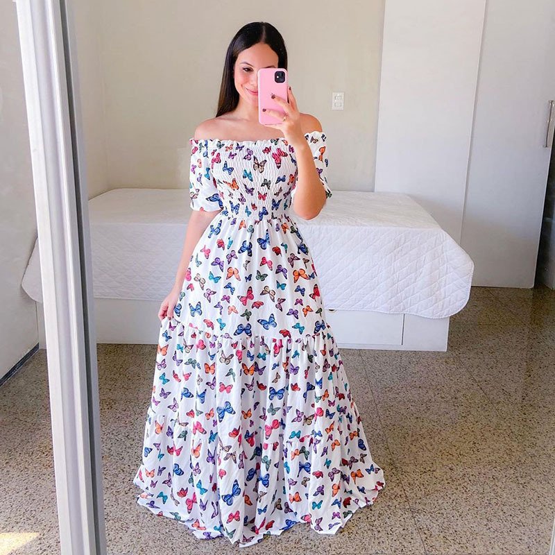 Fashion Ladies Long Summer One-shoulder Floral Dress Women Clothing Casual Dresses Women's Maxi Dresses