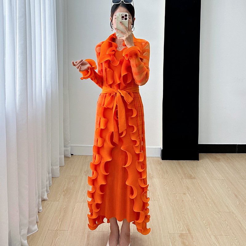 Summer 2023 Pleated Miyake Two-Piece Suit Office clothing Asymmetrical shirt Blouses Pencil pants Women'S Casual suit Dress