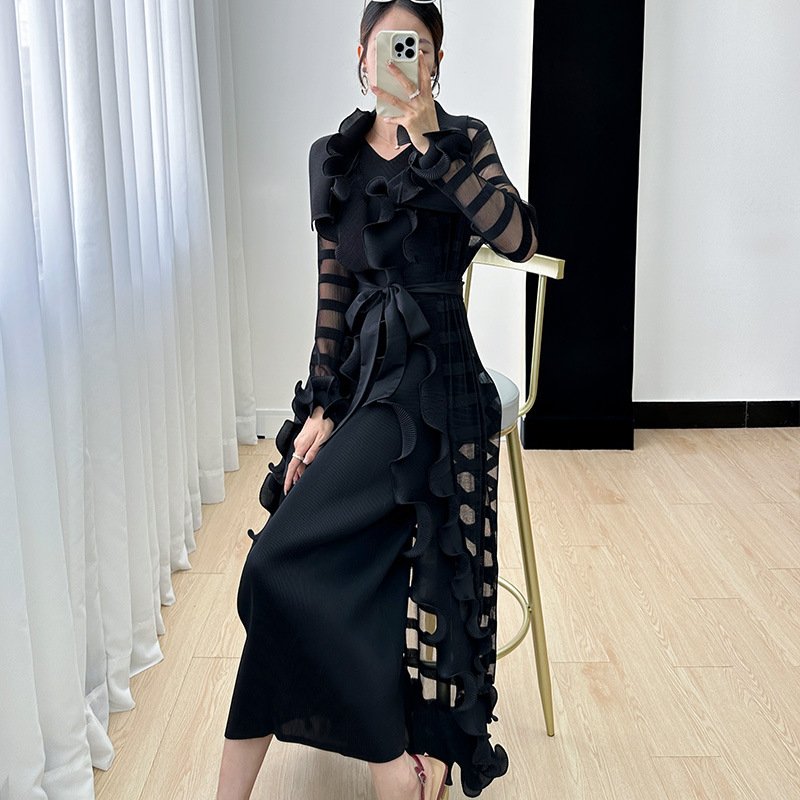 Summer 2023 Pleated Miyake Two-Piece Suit Office clothing Asymmetrical shirt Blouses Pencil pants Women'S Casual suit Dress