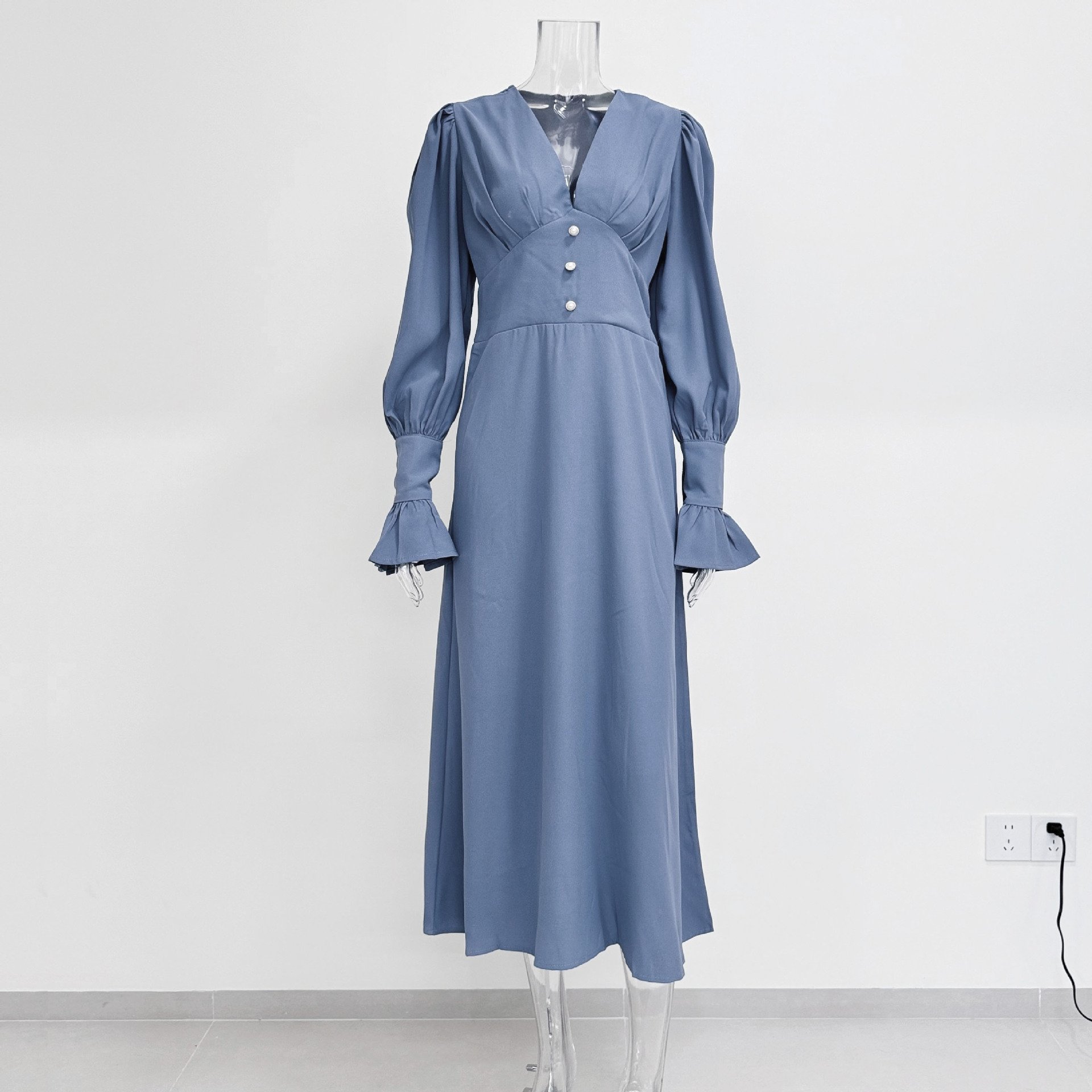 Enyami Best Chiffon Dress Women Office Ladies Lady Elegant Solid Puff Long Sleeve Waist Slim A-Line Dress Elegant Casual Dresses