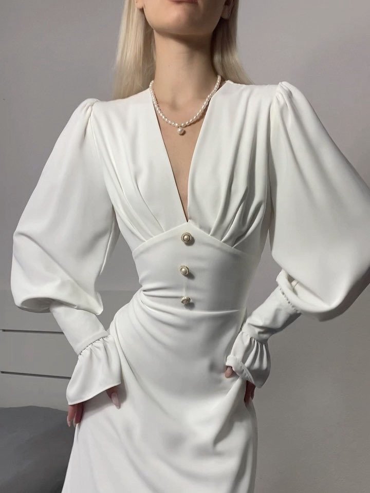 Enyami Best Chiffon Dress Women Office Ladies Lady Elegant Solid Puff Long Sleeve Waist Slim A-Line Dress Elegant Casual Dresses
