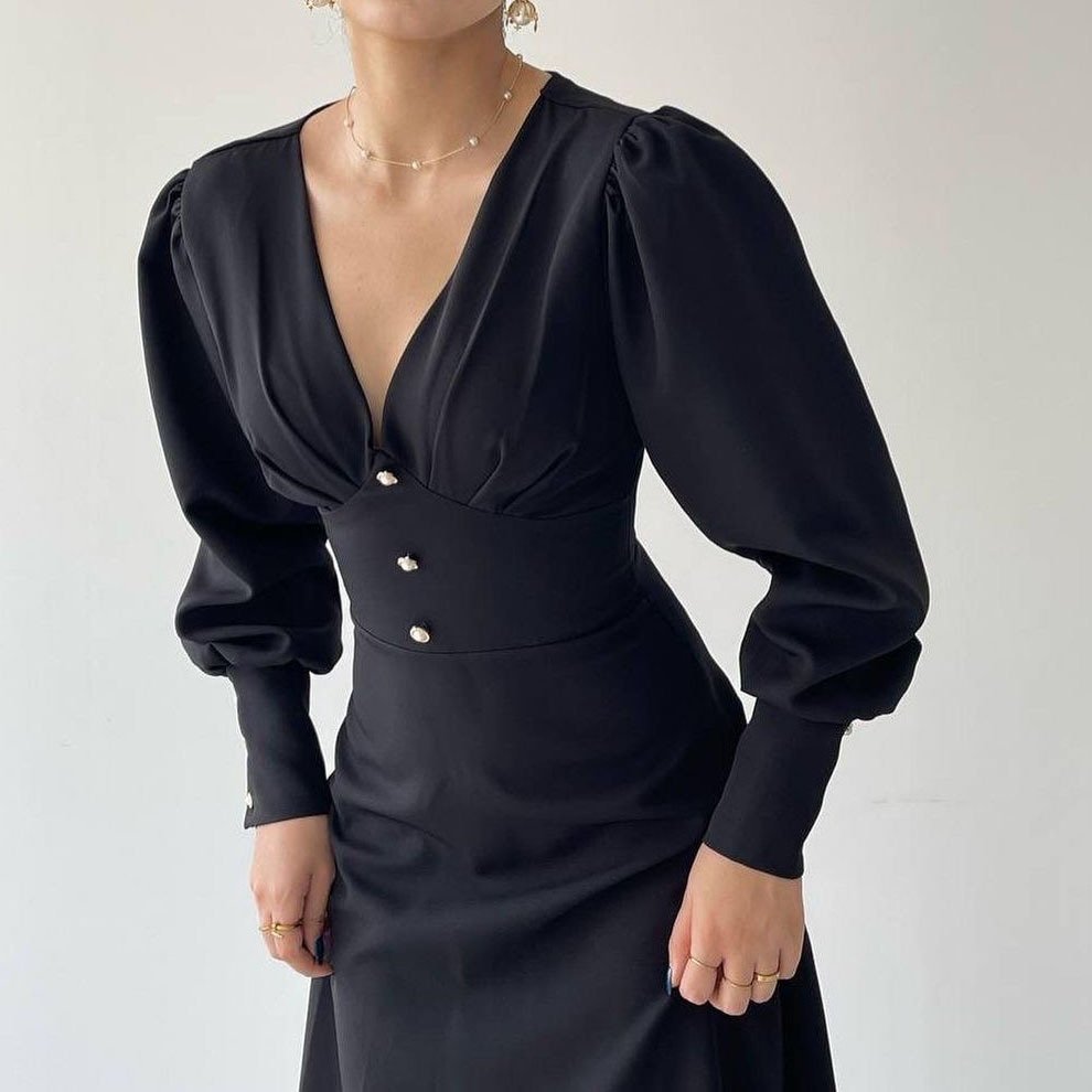 Enyami Best Chiffon Dress Women Office Ladies Lady Elegant Solid Puff Long Sleeve Waist Slim A-Line Dress Elegant Casual Dresses