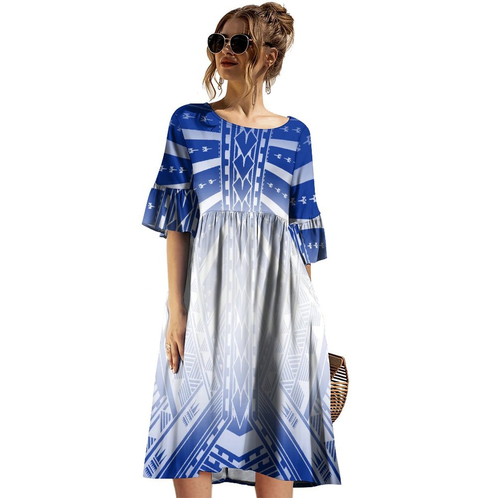 Wholesale Custom Samoa Polynesian Tribal Dress Empire Waist Half Ruffle Sleeve Knee Length Ladies Dress Plus Size Womens Dresses
