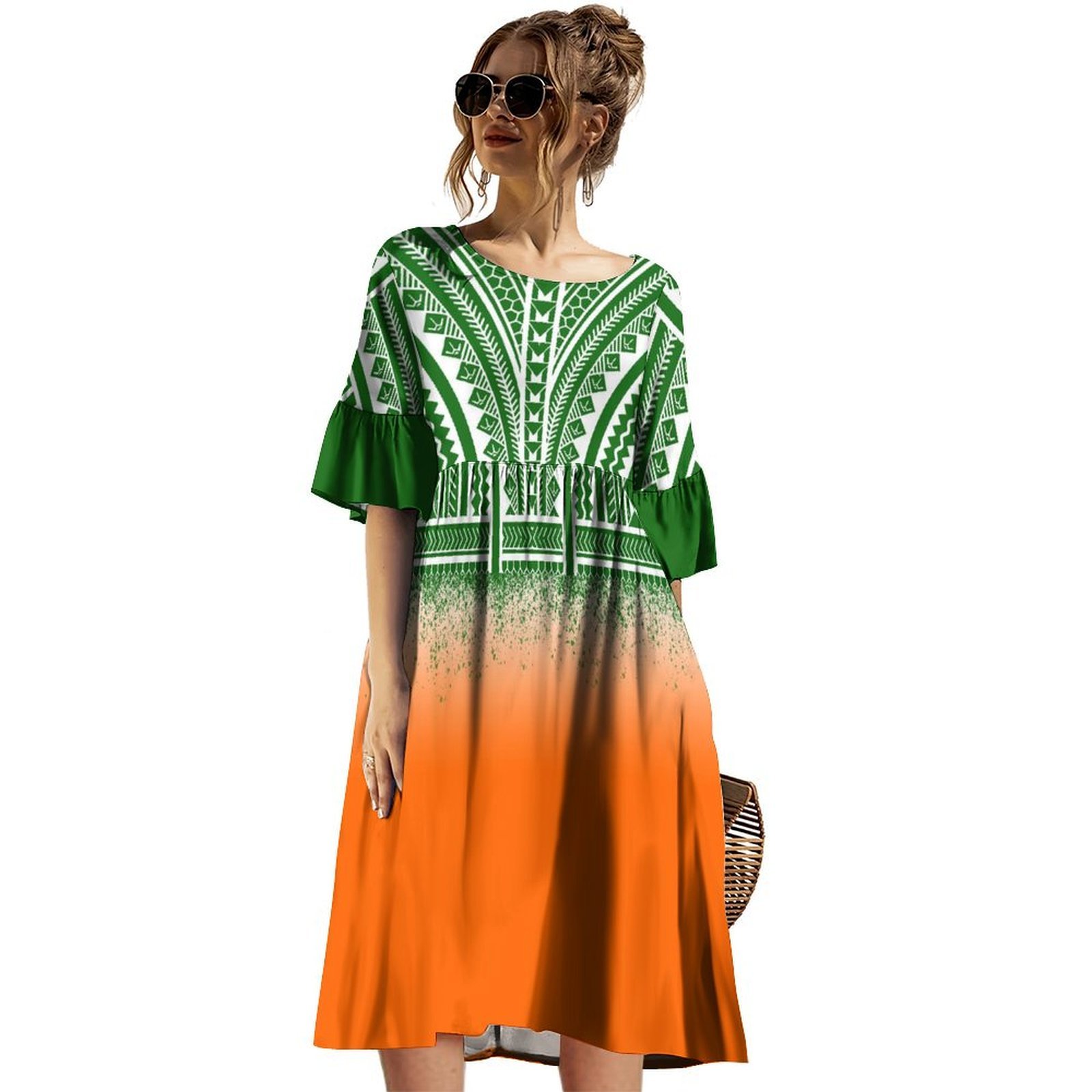 Wholesale Custom Samoa Polynesian Tribal Dress Empire Waist Half Ruffle Sleeve Knee Length Ladies Dress Plus Size Womens Dresses