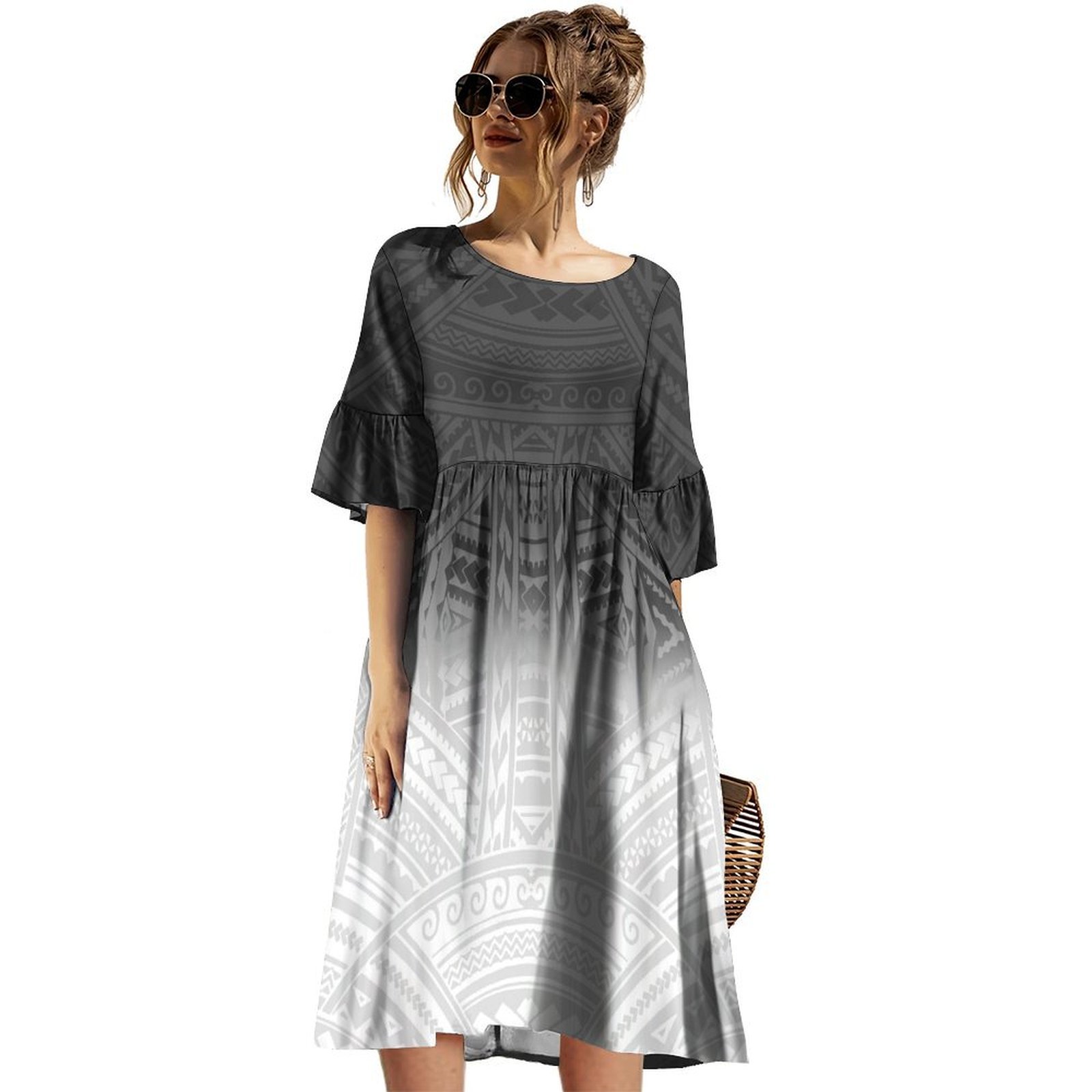 Wholesale Custom Samoa Polynesian Tribal Dress Empire Waist Half Ruffle Sleeve Knee Length Ladies Dress Plus Size Womens Dresses