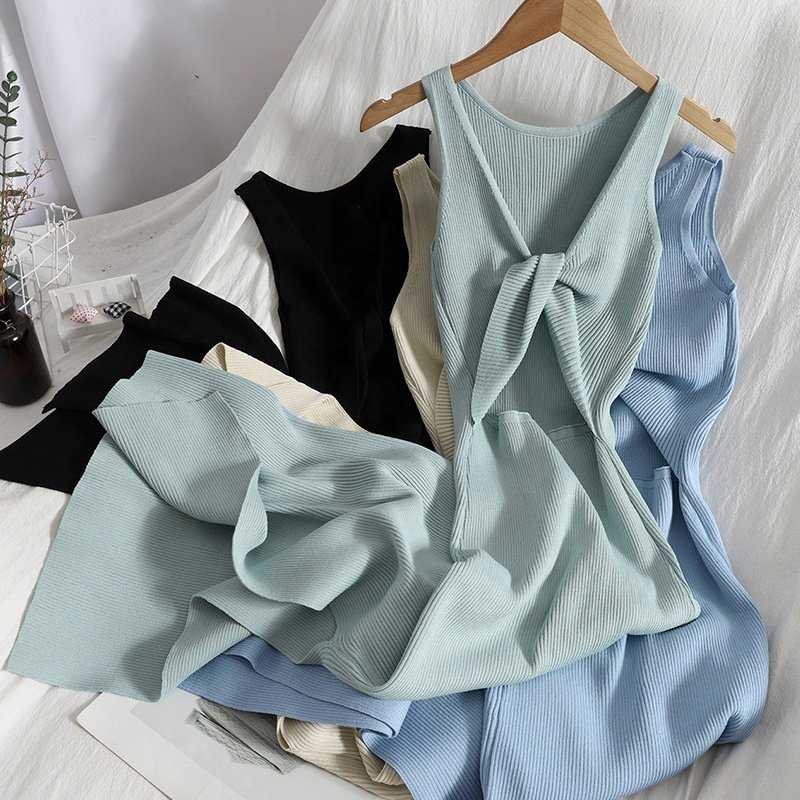 Sleeveless O-Neck Solid Spaghetti Slip Dress Summer Simple Knitting High Waist Maxi Dress Ladies Sexy Dresses Clothes Women