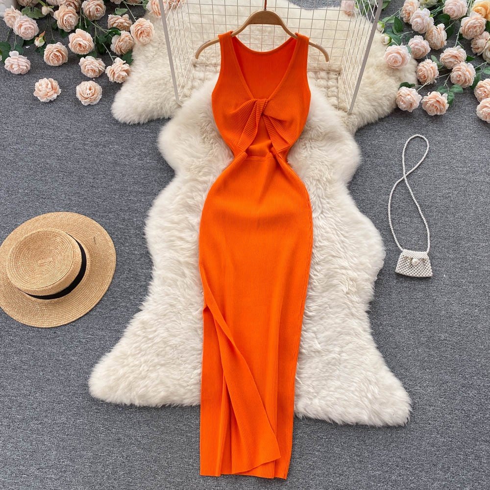 Sleeveless O-Neck Solid Spaghetti Slip Dress Summer Simple Knitting High Waist Maxi Dress Ladies Sexy Dresses Clothes Women