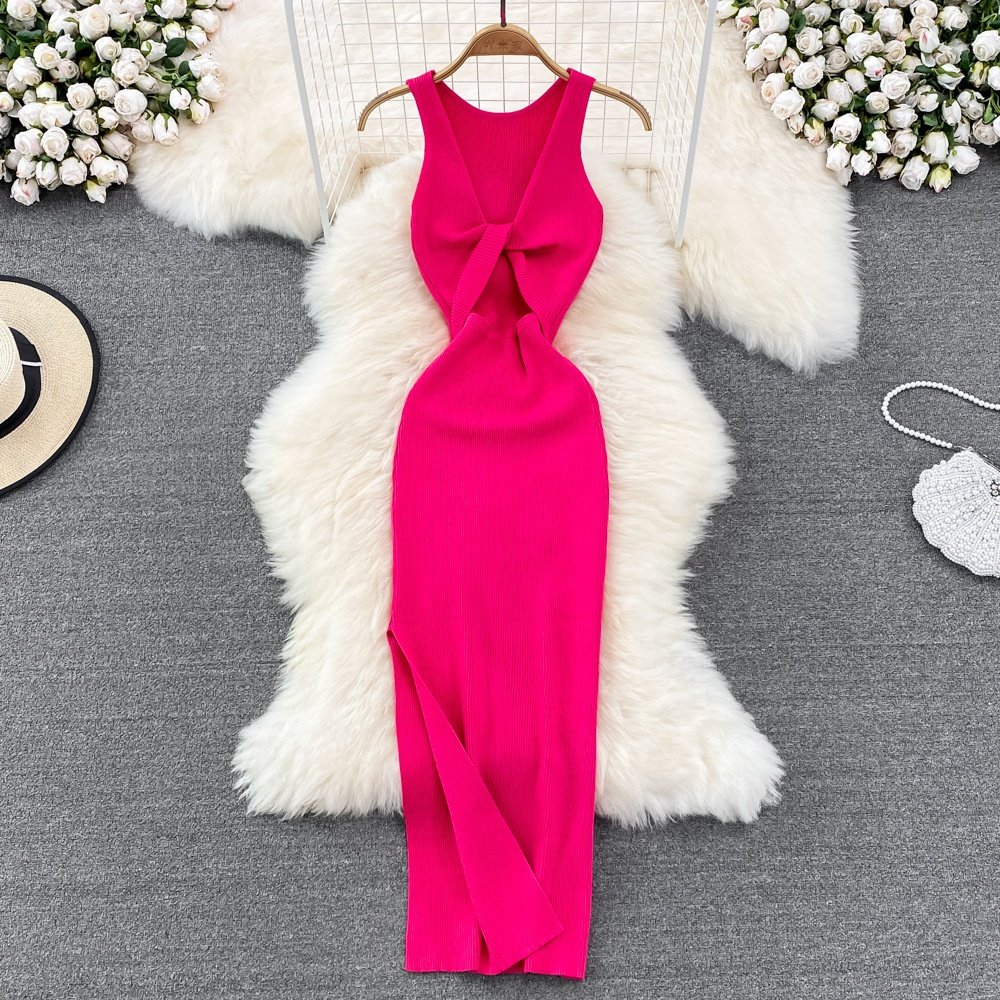 Sleeveless O-Neck Solid Spaghetti Slip Dress Summer Simple Knitting High Waist Maxi Dress Ladies Sexy Dresses Clothes Women