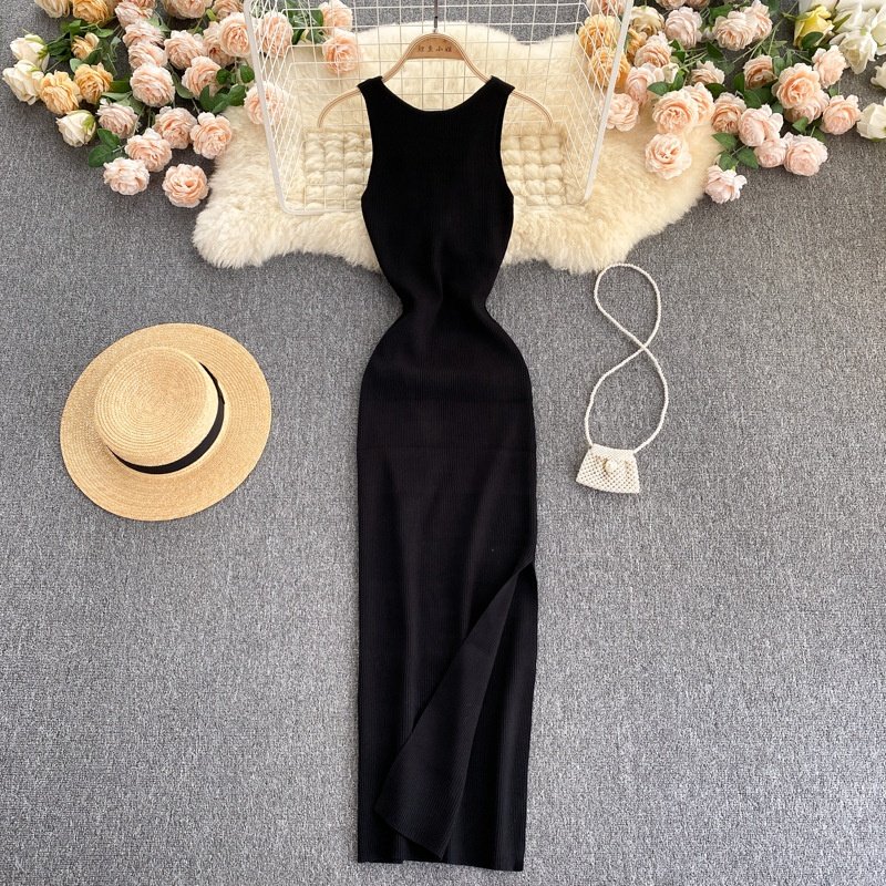 Sleeveless O-Neck Solid Spaghetti Slip Dress Summer Simple Knitting High Waist Maxi Dress Ladies Sexy Dresses Clothes Women
