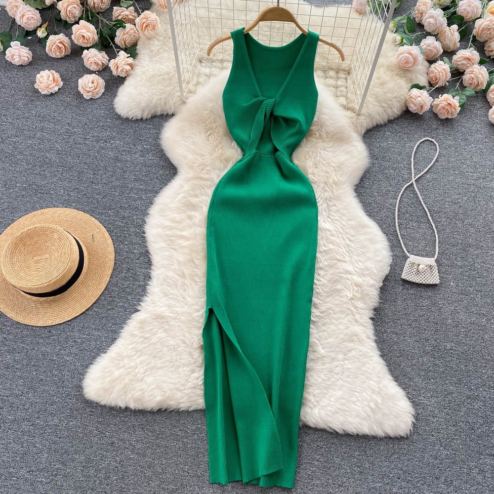 Sleeveless O-Neck Solid Spaghetti Slip Dress Summer Simple Knitting High Waist Maxi Dress Ladies Sexy Dresses Clothes Women