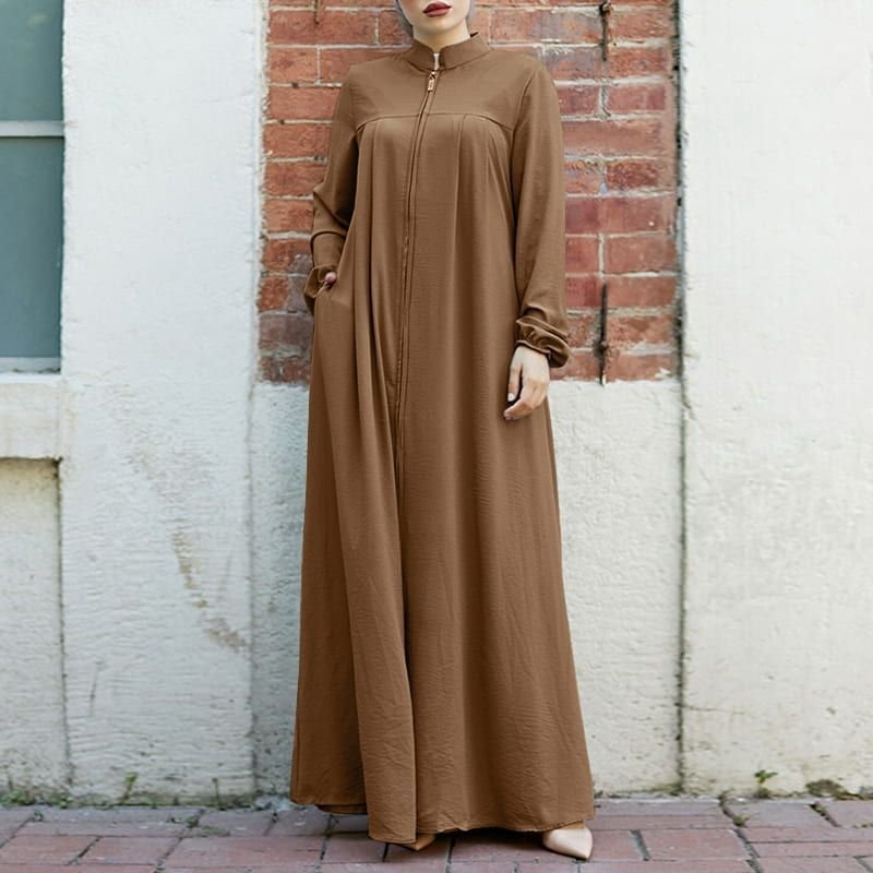 S-5Xl Muslim Arab Style Solid Color Simple Cotton Linen Long Sleeved Standing Collar Fashionable Loose Casual Long Dress