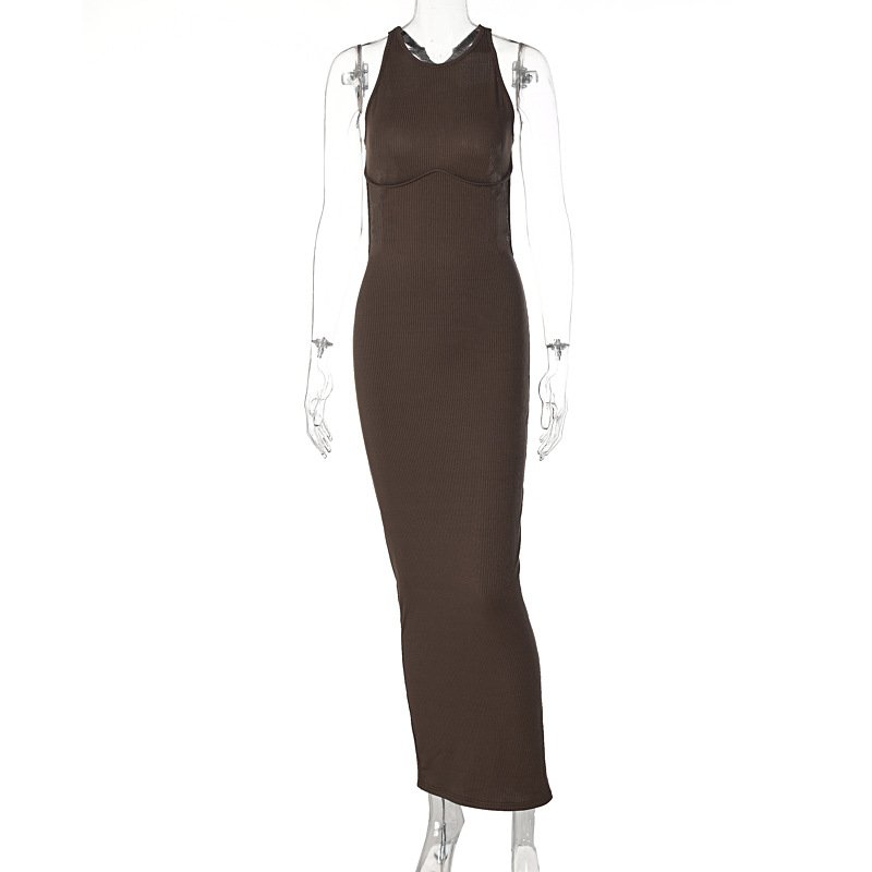Liu Ming Women Sexy Solid Color Backless Sleeveless Elegant Party Slit Bodycon Midi Dress