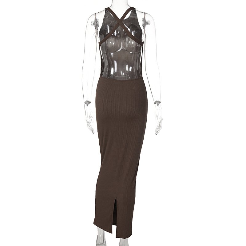 Liu Ming Women Sexy Solid Color Backless Sleeveless Elegant Party Slit Bodycon Midi Dress