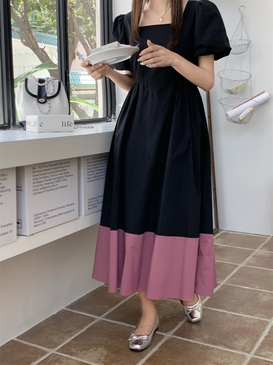 Korean Square Neckline Casual Dresses Design A Long Dress With Fashionable Bubble Sleeves And A Gentle Long Skirt