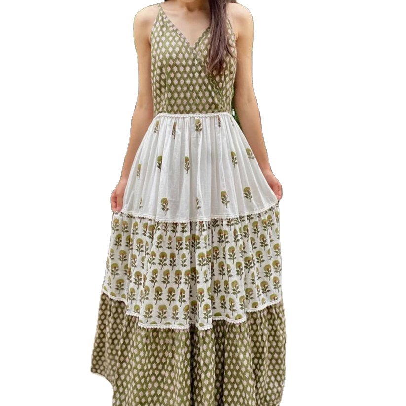 Olive Green Flora Boho Tiered Maxi Casual Dress for Womens closed neck Cotton Women Dress from Indian Manufacturer and Exporter