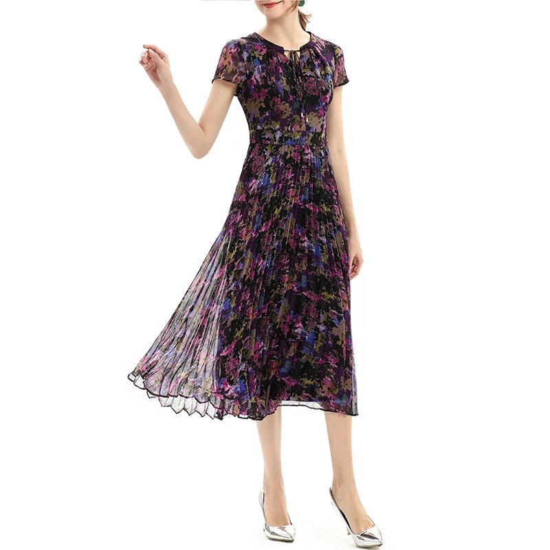 D028 custom odm oem low moq Summer High Quality Fashion Elegant Print Pleat Formal maxi Casual Dress factory for women
