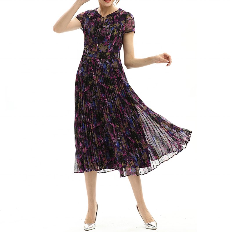 D028 custom odm oem low moq Summer High Quality Fashion Elegant Print Pleat Formal maxi Casual Dress factory for women