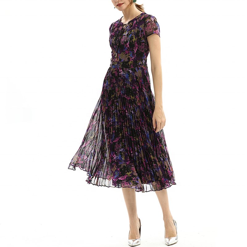 D028 custom odm oem low moq Summer High Quality Fashion Elegant Print Pleat Formal maxi Casual Dress factory for women