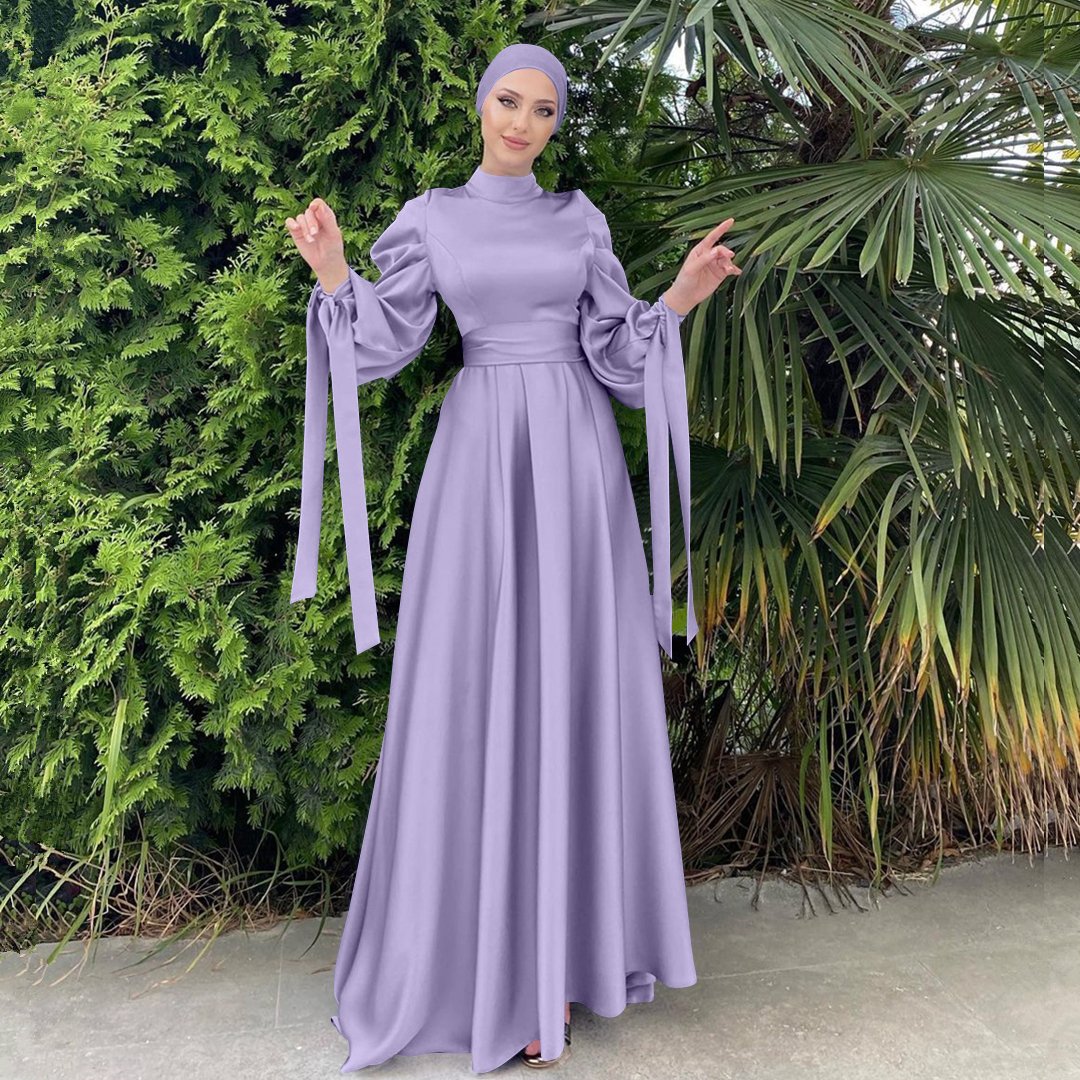 Fashion Modest Abaya Women Muslim Dress Solid Color Balloon Sleeves With ribbon Satin Dresses Women Muslim