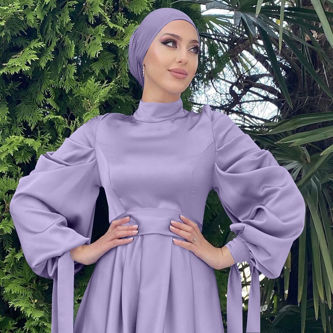 Fashion Modest Abaya Women Muslim Dress Solid Color Balloon Sleeves With ribbon Satin Dresses Women Muslim