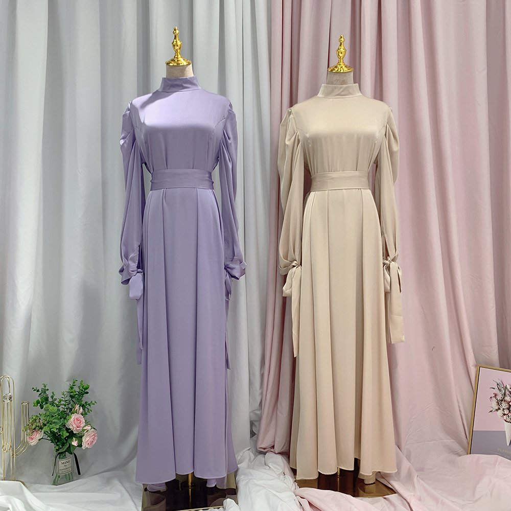 Fashion Modest Abaya Women Muslim Dress Solid Color Balloon Sleeves With ribbon Satin Dresses Women Muslim