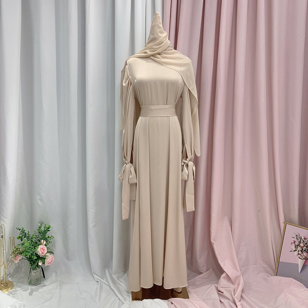 Fashion Modest Abaya Women Muslim Dress Solid Color Balloon Sleeves With ribbon Satin Dresses Women Muslim