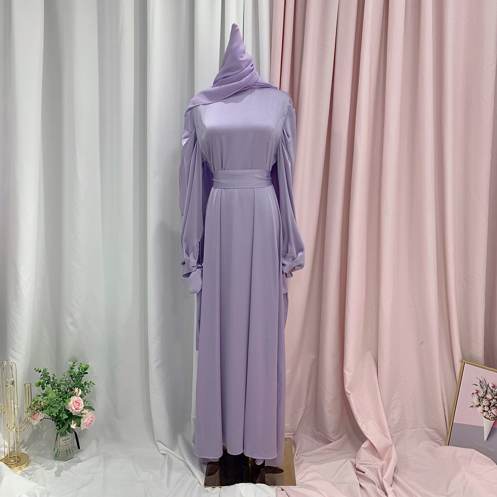 Fashion Modest Abaya Women Muslim Dress Solid Color Balloon Sleeves With ribbon Satin Dresses Women Muslim