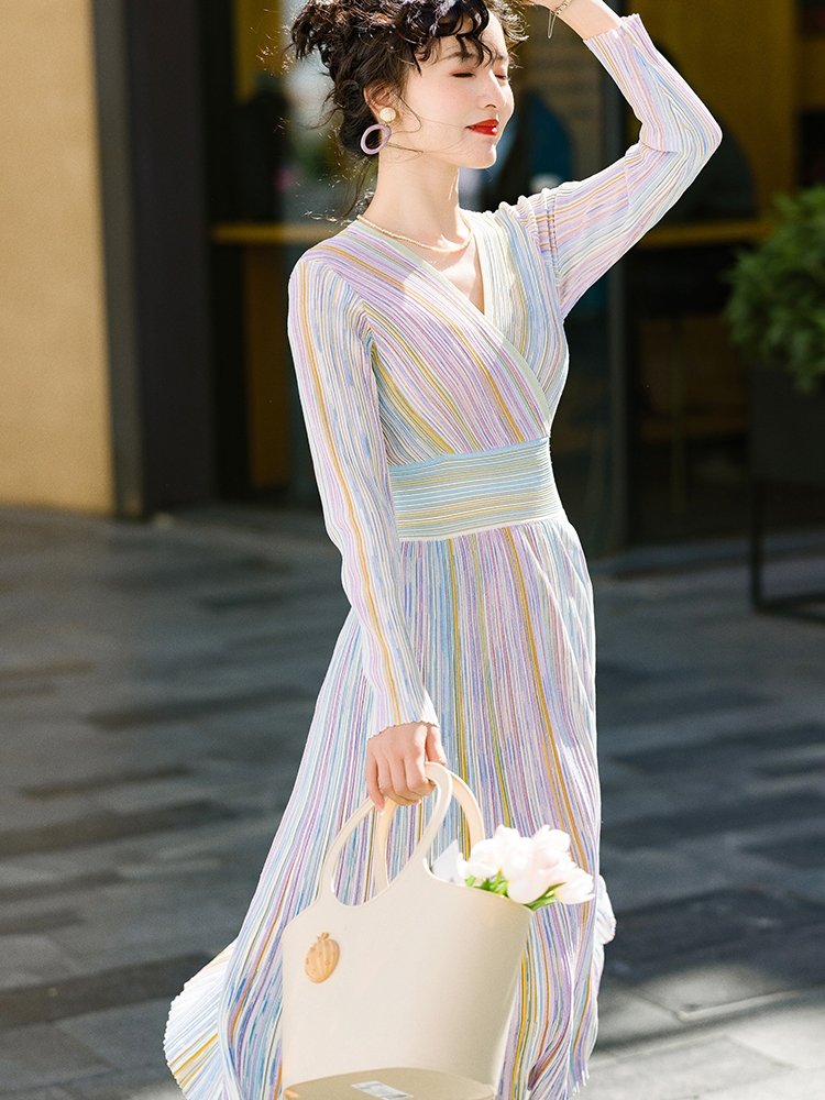 Bettergirl 2024 New lady elegant Colorful striped knitted V-neck long casual women's dresses