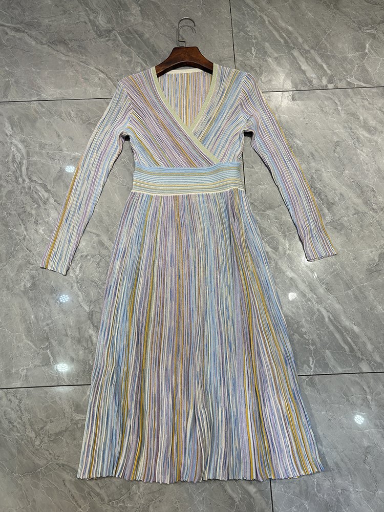 Bettergirl 2024 New lady elegant Colorful striped knitted V-neck long casual women's dresses